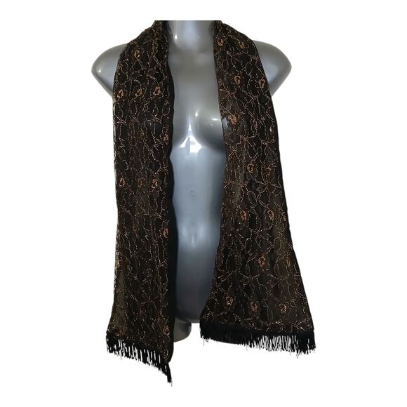 Unbranded Accessories - Black Gold Lace Fringe Scarf Wrap Shawl Gothic Boho Evening Whimsigoth Vintage‎